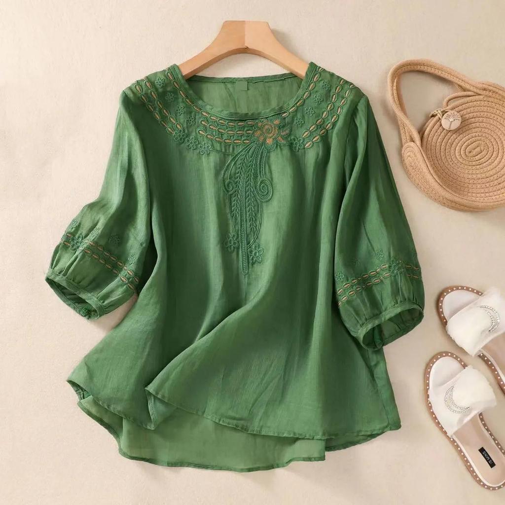 Women's Summer Temperament Loose Seven Sleeve Tops Literary Vintage Cotton and Linen Embroidery Shirt