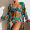 Split Three Piece Floral Printed Swimsuit Women Bikini Set Wireless Bra with Pad Sport Top Long sleeve Blouse Swimwear Plus Size