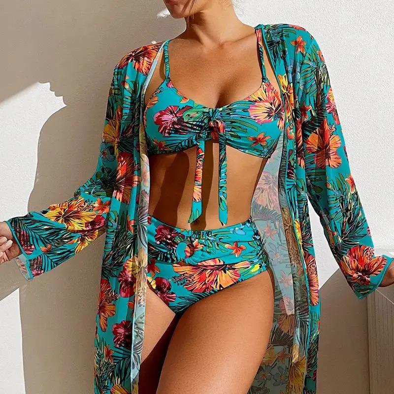 Split Three Piece Floral Printed Swimsuit Women Bikini Set Wireless Bra with Pad Sport Top Long sleeve Blouse Swimwear Plus Size
