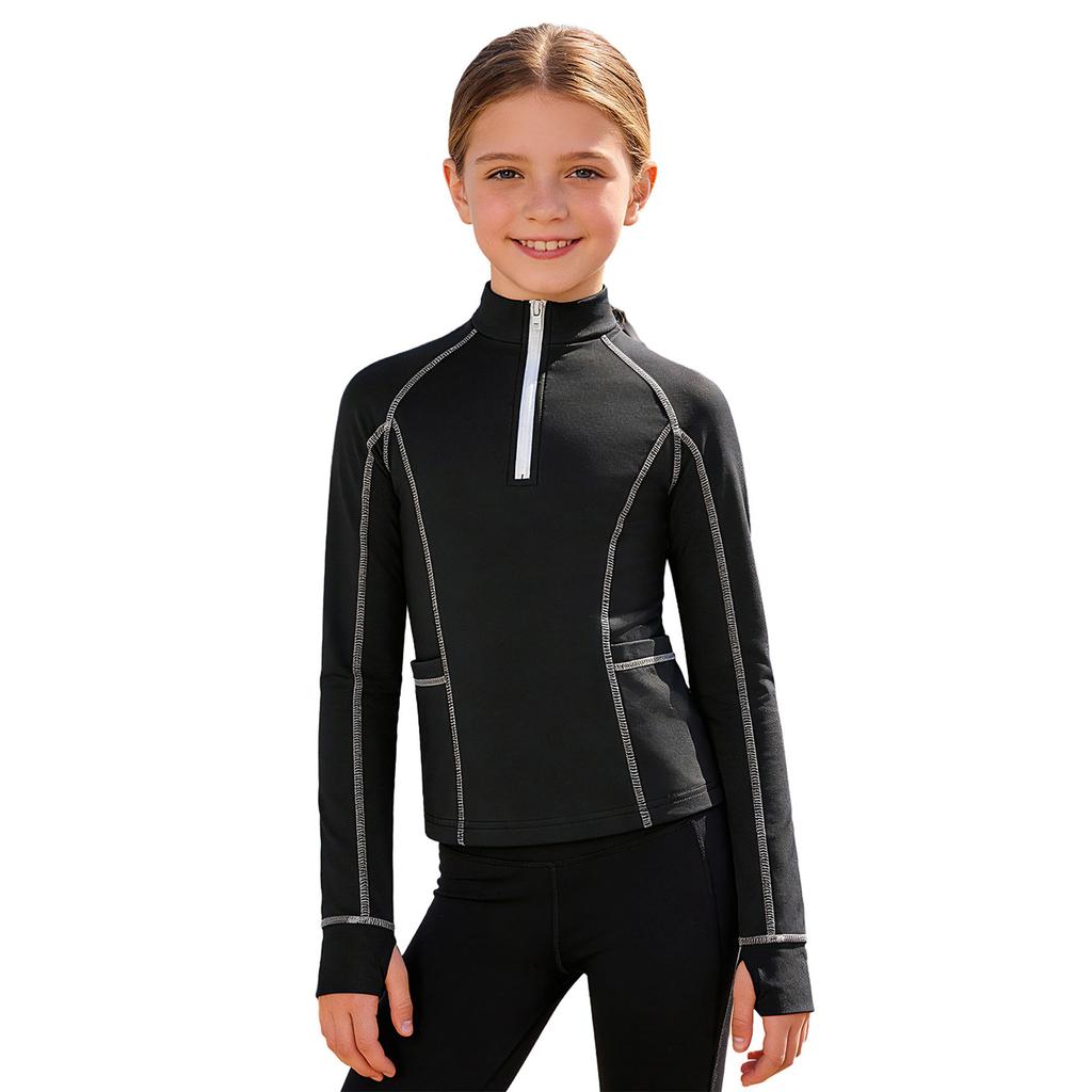 Mädchen Reitshirt: Pullover mit Stehkragen, langen Ärmeln, Reißverschluss, Daumenlöchern und Taschen, Reitsport-Oberteil