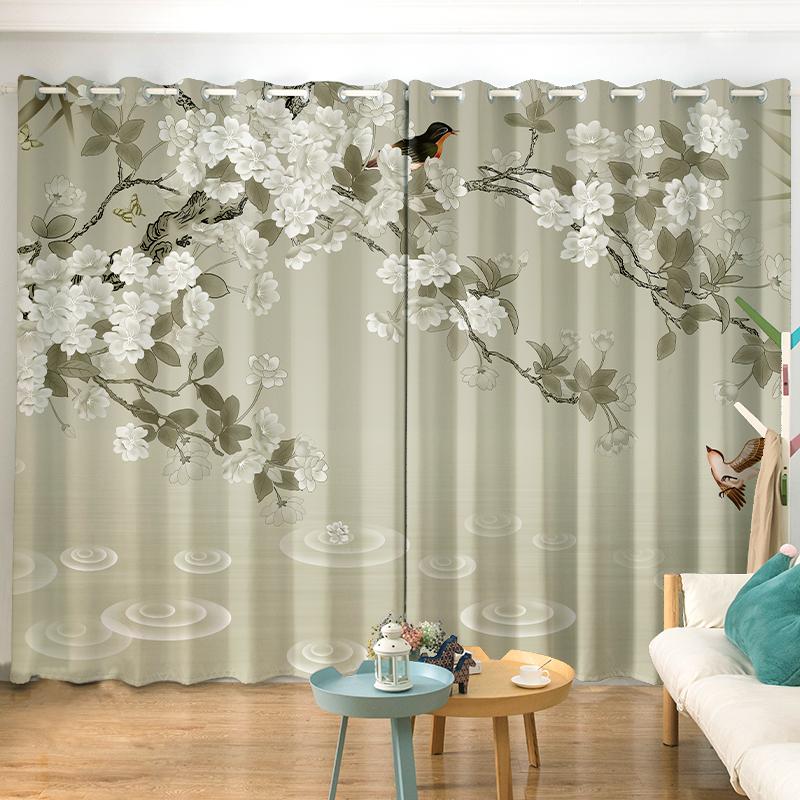 2PCS New Chinese Flower and Bird Print Semi-blackout Curtain Custom Hook Grommet Top Model Living Room Bedroom Window Curtain