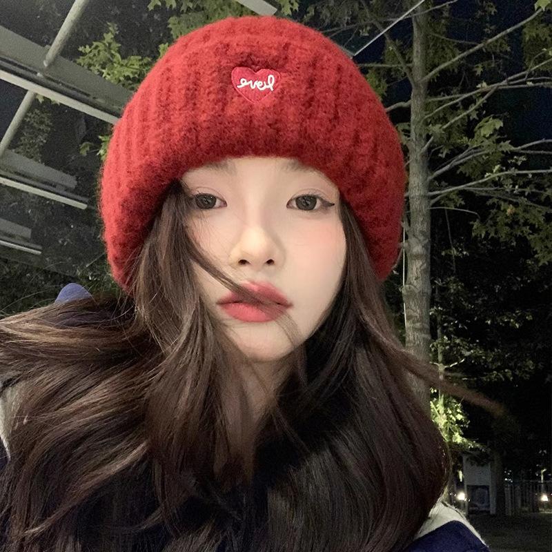 Love Embroidered Woolen Hat for Women Autumn and Winter New Style Large Head Circumference Knitted Hat Large Version Warm Ear Protection Cold Hat
