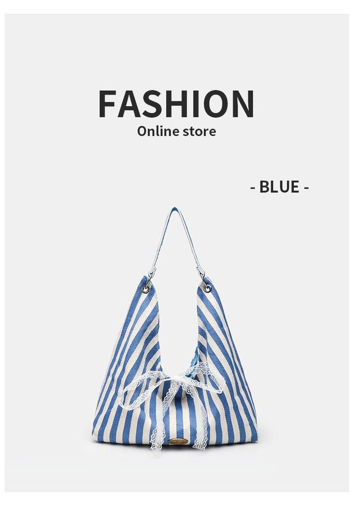 Reversible Striped Canvas Tote Bag - Korean Style, Large Capacity, Fashionable and Versatile for Everyday Use