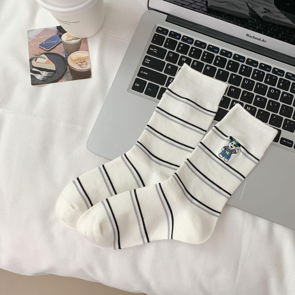 Casual Mid-Leg Socks Embroidered High-Value Striped Bear Korean Socks