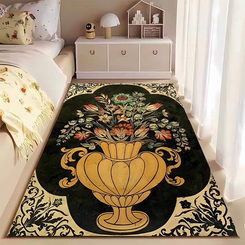 Vintage Floral Vase Pattern Carpet - Elegant Black and Gold Design Suitable for Use As an Anti-slip for Living Room Bedroom Sofas