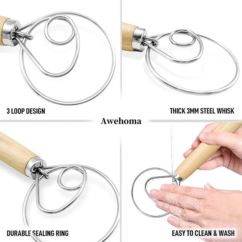 Wooden Handle Danish Dough Whisk Pastry Blender Stainless Steel Dutch Style Bread Dough Hand Mixer Kitchen Baking Tools