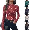 Women Sheer Polka Dot Mesh Half High Neck Long Sleeve Sexy T Shirt Top