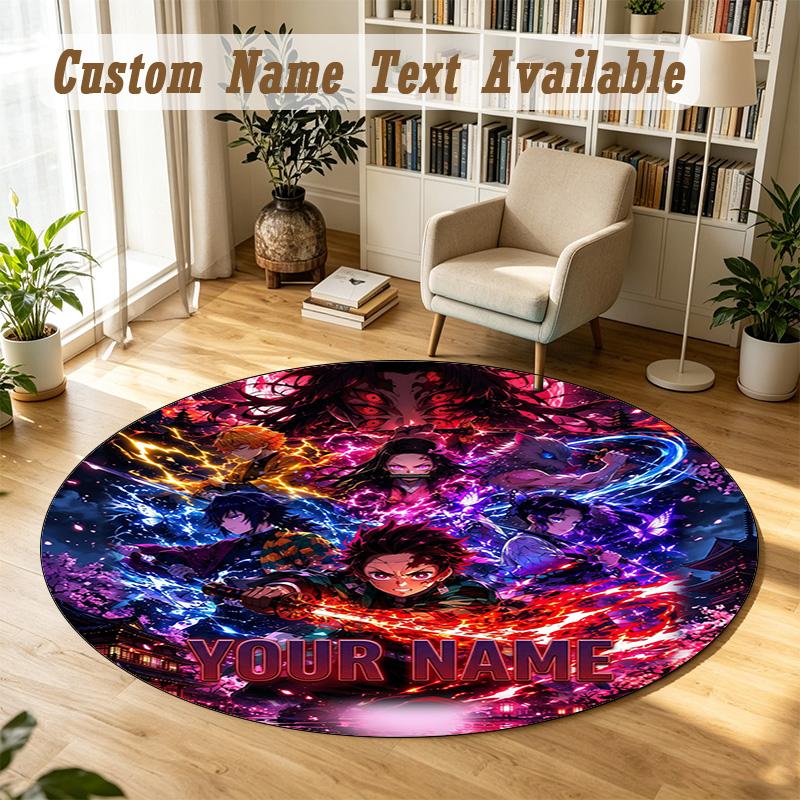 Round Rug Custom NameDemon Slayer Pattern Non Slip Carpet Home Floor Decor