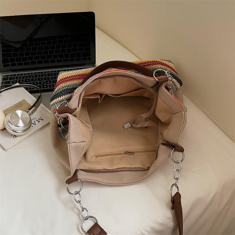 Shoulder Bag Women's Striped Contrast Color Tote Bag Woven Tote Bag Large Capacity Straw Woven Bag