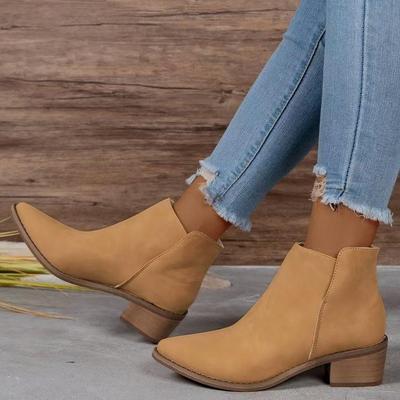 2024 Autumn/Winter Women's Solid Color Short Leather Boots - Versatile Thick Heel, Comfortable Fit