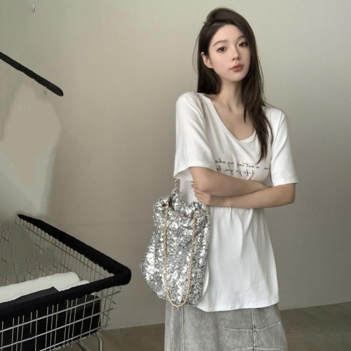 American retro letter print irregular hem loose short sleeve V-neck T-shirt tide S белый