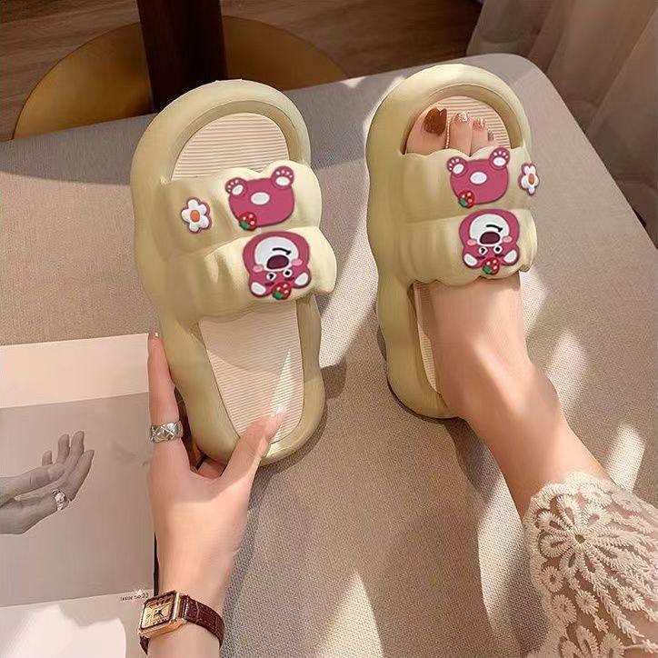 Cute Strawberry Bear Printed Slippers Unisex Summer Breathable Deodorant Soft Cozy Home Outdoor Slides 36