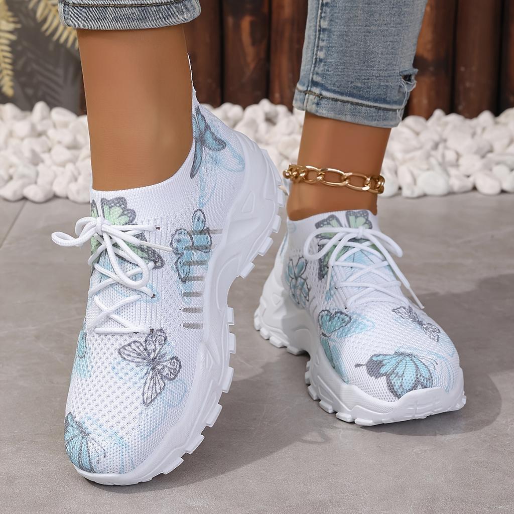 Women's White Sneakers Breathable Running Sneakers with Pastel Purple/Blue Lightweight Lace-Up Platform Shoes
