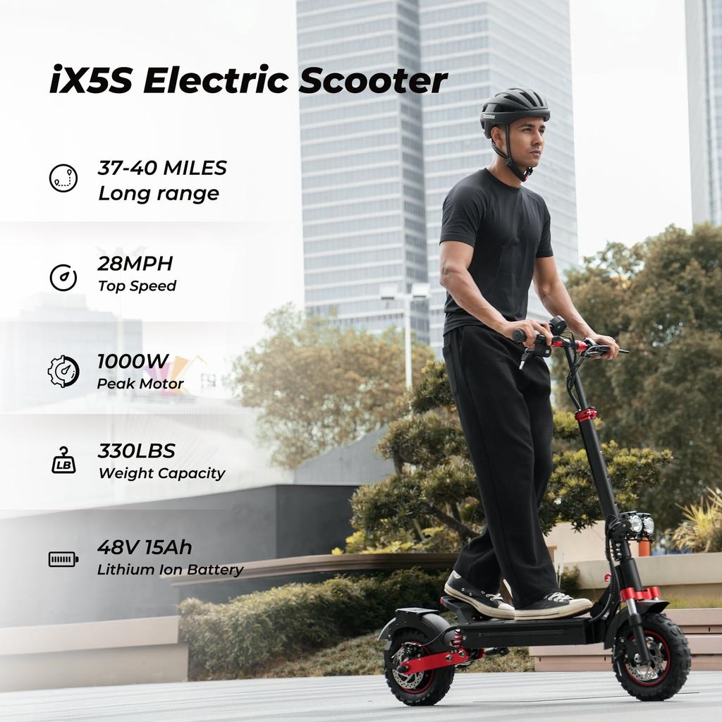 iScooter iX5S Adult Off-Road Electric Scooter, 48V 15Ah 1000W, Disc Brake + EABS, 11" Off-Road Inflatable Wide Tire, Dual Shock Absorbers