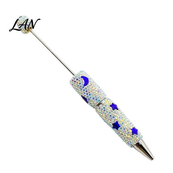 Shiny Rhinestone Pens Glitter Beadable Ballpoint Pen, Sparkly Star Moon Beaded Plastic Customizable DIY Handmade Gel Ink Pen for School Projects,