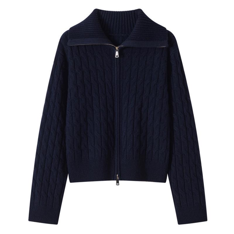 Women's Retro Cable Knit Wool Coat with Double Zipper & Lapel, Thick Knit Long Sleeve for Autumn & Winter