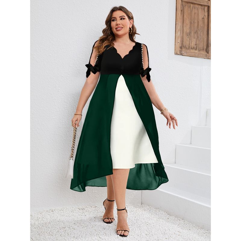

European and American Cross-Border Export Plus size Cool GIRL S Half Sleeve V-neck Chiffon Dress Fake Two Pieces Irregular Fat M Skirts Patchwork Dark green 2XL (Waist 108)