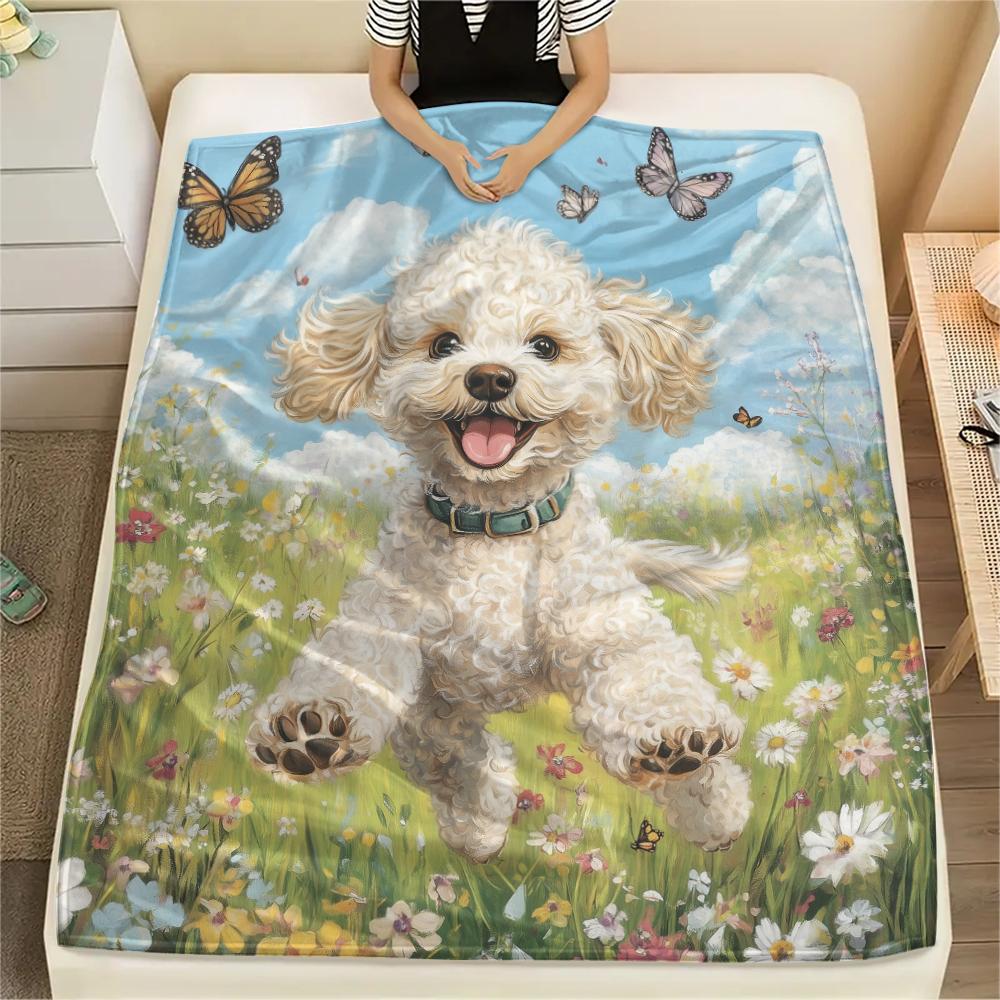 Poodle and Grass,pattern Flannel Blanket, High quality Comfortable for All Seasons, Home Decor, Warmth and Comfort, Perfect for Gifts.