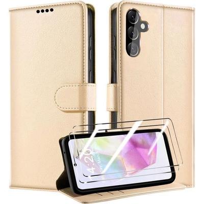Protective Case - BOOLING - for Samsung Galaxy A35 5G - Synthetic Leather - Gold - with 2 Tempered Glasses