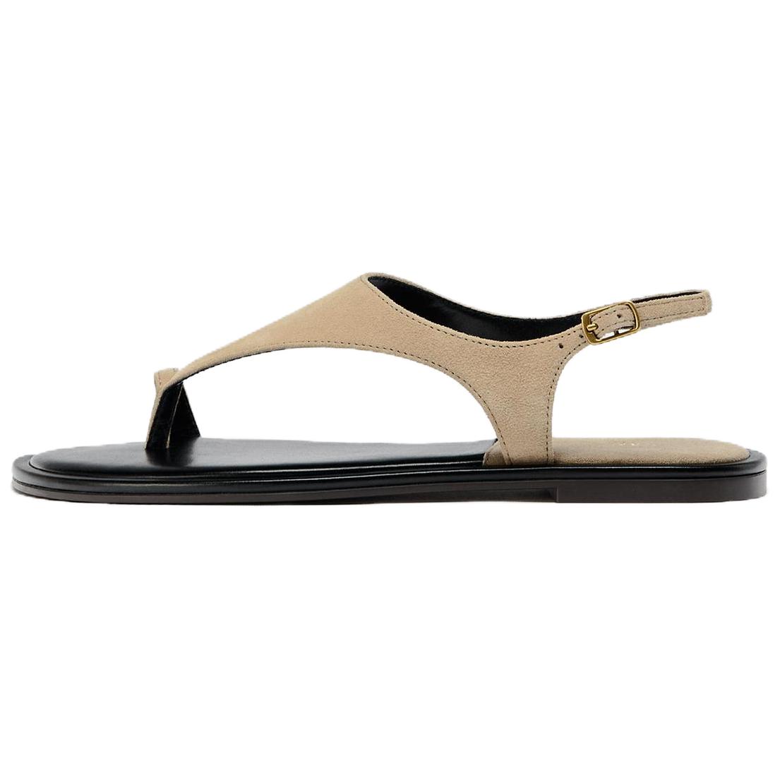 ZARA Metal Buckle Flip Flop Flat Sandals Beige Black Womens 11600510131 39