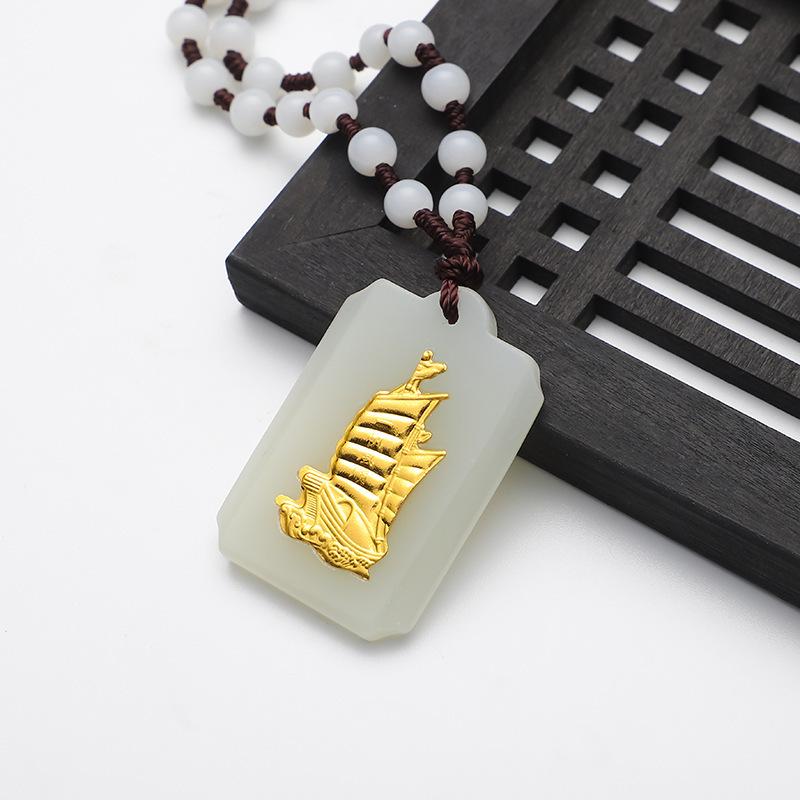 

Gold-Inlaid Jade Pendant: One Sail Smooth - Ideal Holiday Gift