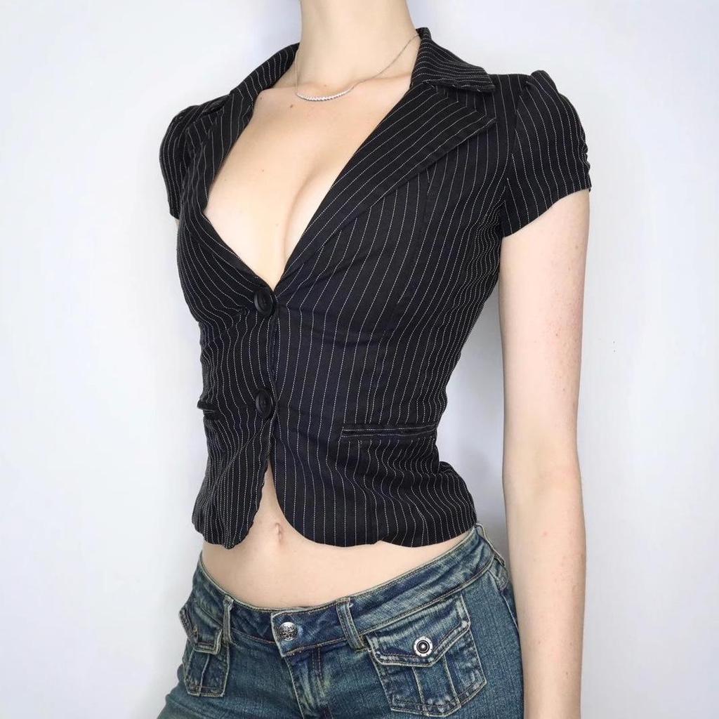 American Hot Girl Style Deep V Striped Shirt & Waist-Cinched Cardigan Suit
