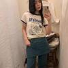 Qiqi 2024 Spring/Summer Color Block Ice Cream Kitten Print Short Sleeve T-Shirt