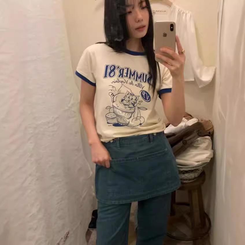 Qiqi 2024 Spring/Summer Color Block Ice Cream Kitten Print Short Sleeve T-Shirt