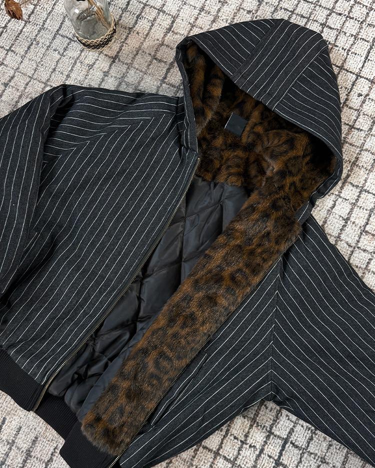 Black Leopard Print Retro Hooded Cotton Jacket with Vertical Stripes for Men & Women