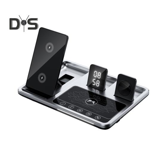 4-in-1-Drahtlos-Ladestation mit Wecker und Nachtlicht, faltbare Schnellladestation, One-Key-Hebe-Smartwatch-Ladestation für iPhone