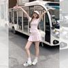 Pink shoulder short-sleeved polo shirt T-shirt women's summer slim-fit V-neck top pleated A-shaped half-body short culottes set