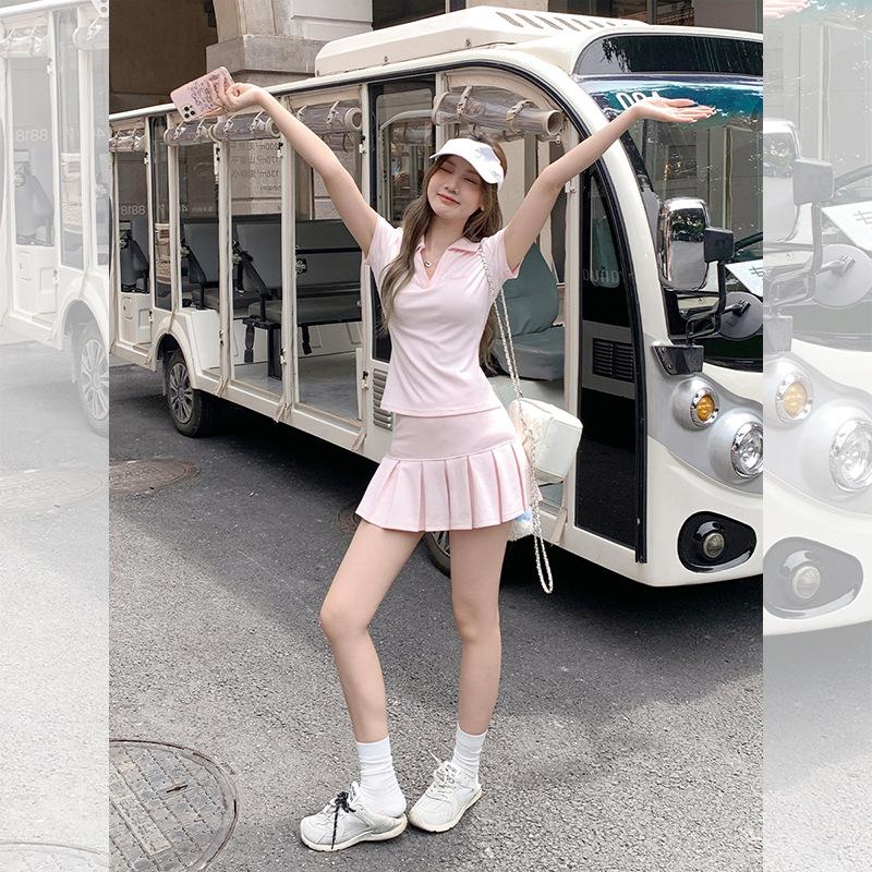 Pink shoulder short-sleeved polo shirt T-shirt women's summer slim-fit V-neck top pleated A-shaped half-body short culottes set
