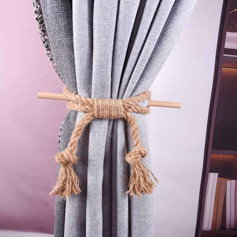 4 Pack Wood Stick and Braided Cotton Linen Rope Curtain Ties for Living Room Bedroom Window Drape Tiebacks Holdbacks