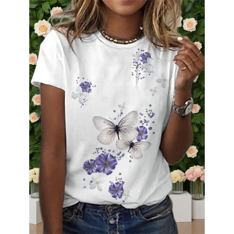 Women s butterfly printed short sleeved round neck T-shirt, fashionable women s T-shirt S