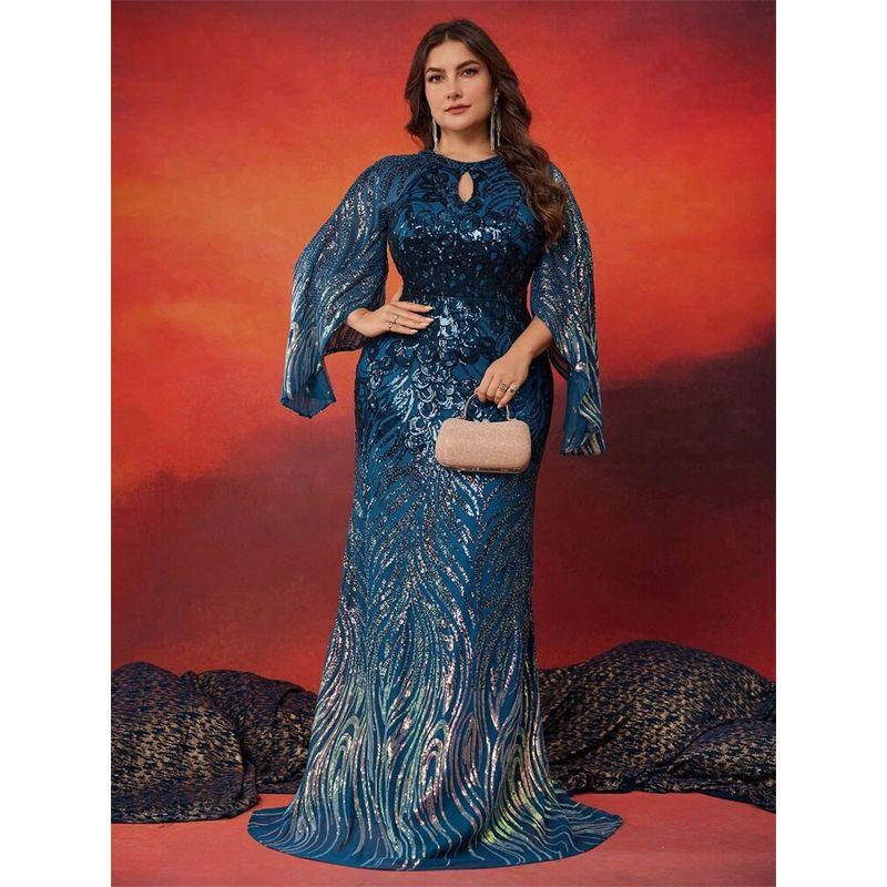 

Plus-Size Dress for Curvy Women, Elastic Gradient Sequin Round Neck Long Sleeve Dress with Slit Sleeves, Elegant Cocktail Party Evening Gown Teal Blue XL
