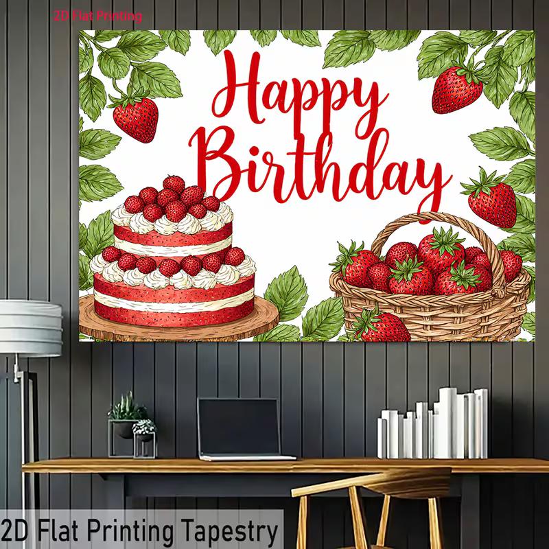 2D Cute Strawberry Basket Happy Birthday Photo Booth Background