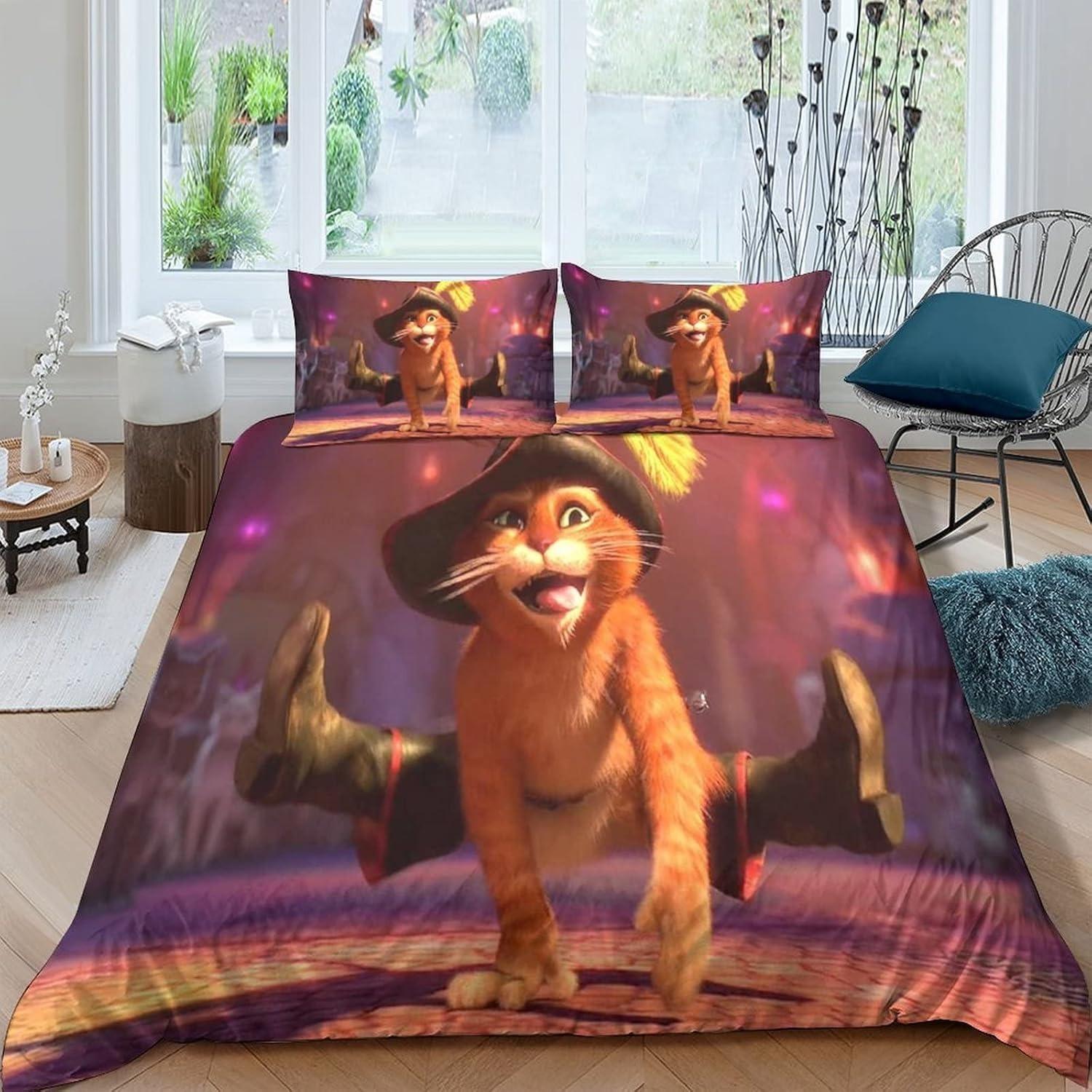

Exquisite 3D Cartoon Puss In Boots Wallpaper Cats Print Bedding Set Duvet Cover Comforter Bed Youth Kids Girls Boys Gift EU single(135x200cm)