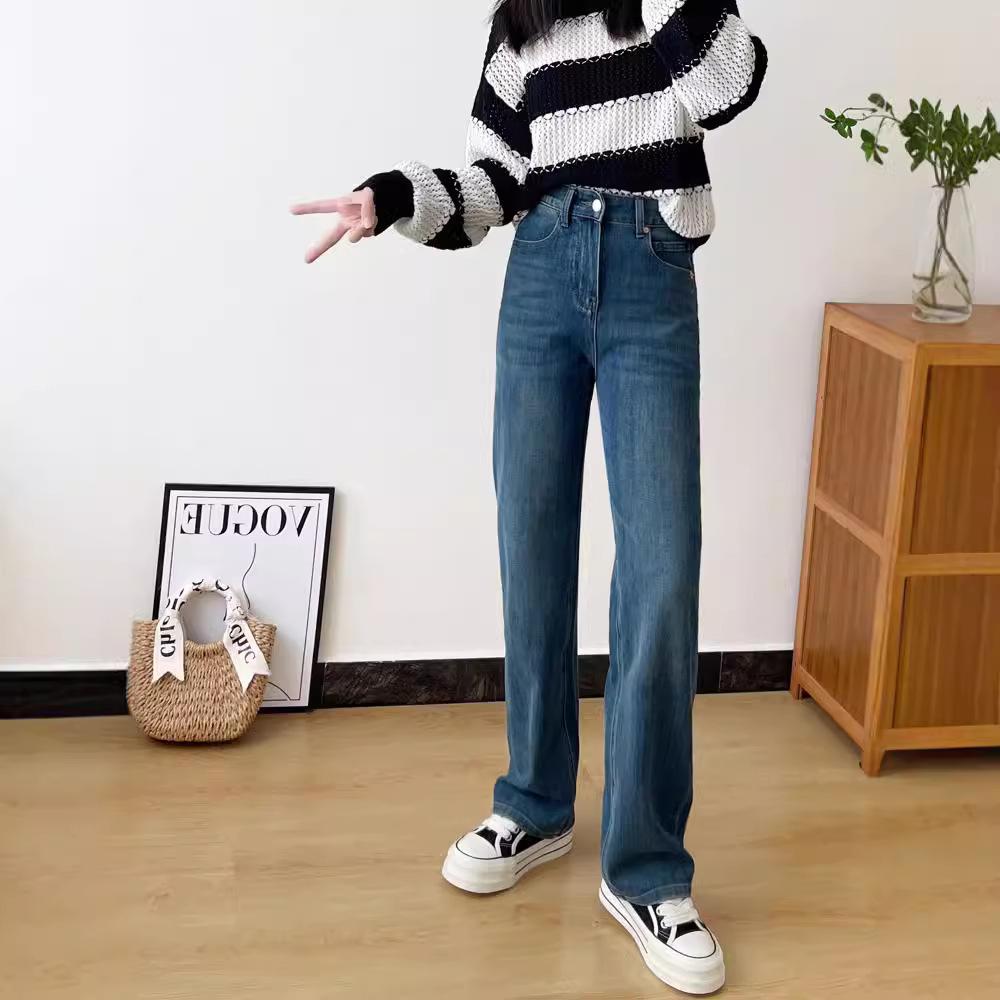 Women's High Waist Wide Leg Jeans Medium Elastic Soft Cotton Blend Straight Leg Denim Trousers Korean Casual Tall Figure Flattering Long Pants