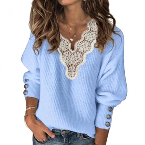 Women Autumn Winter T Shirts Long Sleeve Sexy Lace Patchwork V Neck Buttons Sweater Jumper  Mesh Design Fashion Hollow Out Tops
