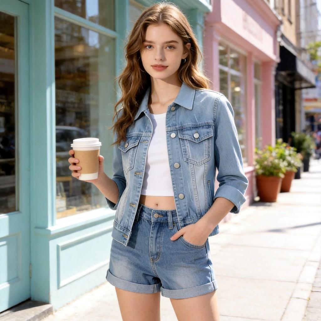 Giacca di Jeans da Donna Primavera Manica Corta Polo Casual per l'Uso Quotidiano