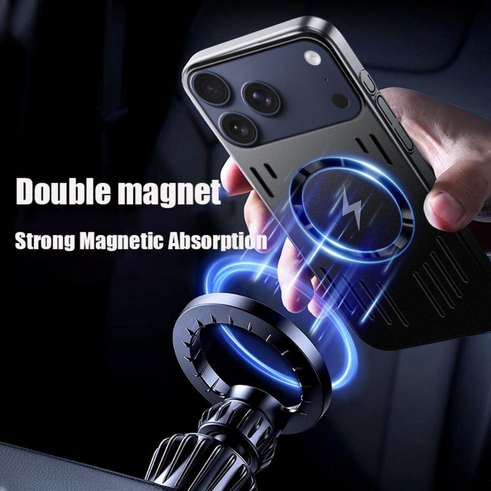 Rugged Metal Frosted Hollow Case For iPhone 17 Air 16 15 14 13 12 Pro Max 17Pro For Magsafe Wireless Charge Cooling Armor Funda