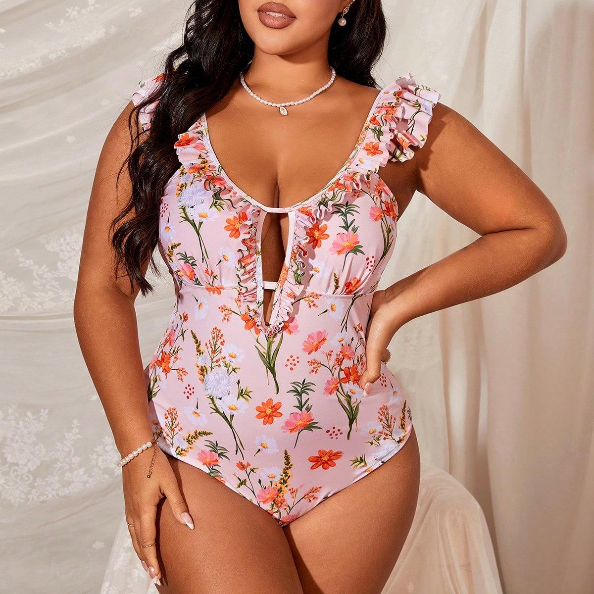European  American Plus Size Women s Thickened One-Piece Floral Swimsuit 0XL