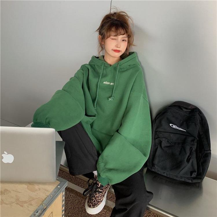 Autumn Winter Velvet Hooded Oversized Hoodie Women Loose Top Letter Print for Student Ladies