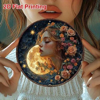 Retro Sun Moon Metal Tin Sign, Round Aluminum Wall Decor 8x8 Inch for Kitchen Garden, Vintage Farmhouse Plaque