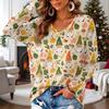 Women's V-Neck Long Sleeve Christmas Print Lightweight Blouse for Spring and Summer