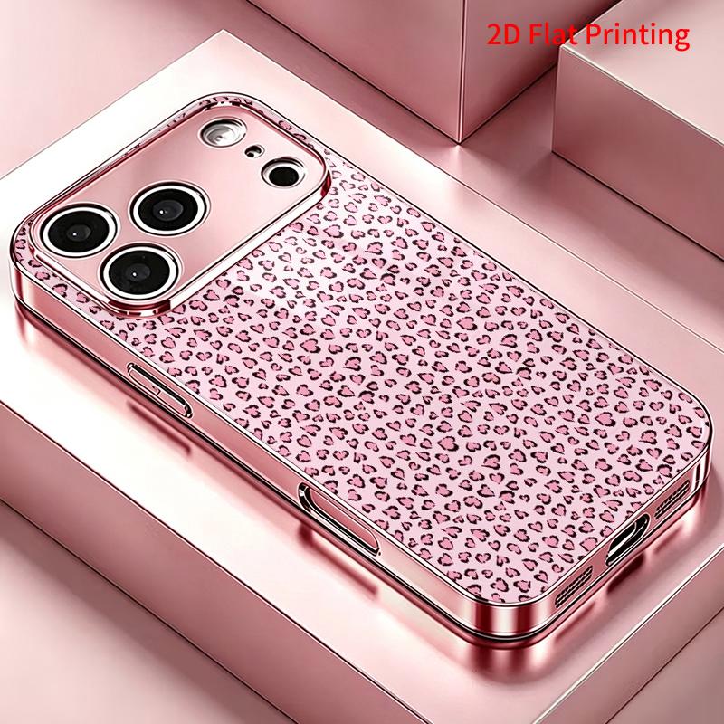 2DFlat electroplated tempered glass phone case,Pink Leopard Print Phone Case,suitable for iPhone 18 Pro Max 17 16 15 14 13 12 11
