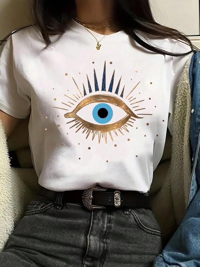 Spot Women's Summer T-Shirt Printed Fashion Casual Cute Short Sleeve Women's Eye Printed Short Sleeve T-Shirt