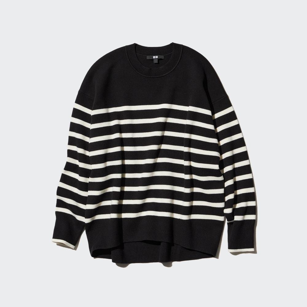 

UNIQLO Гладкий хлопковый свитер в свободную полоску с круглым вырезом и длинными рукавами