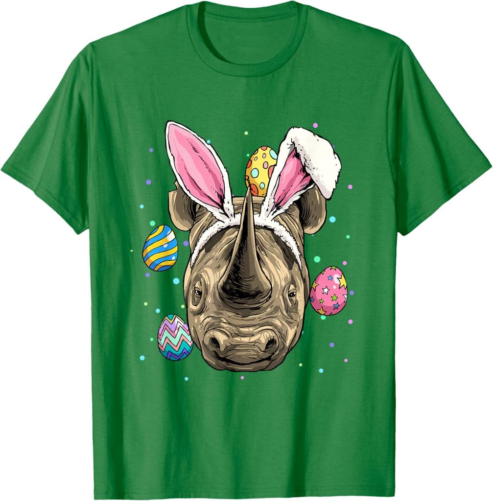 Funny Rhinoceros Bunny Ears Easter Egg Hunt Graphic Tee Casual Short Sleeve T-Shirt for Men