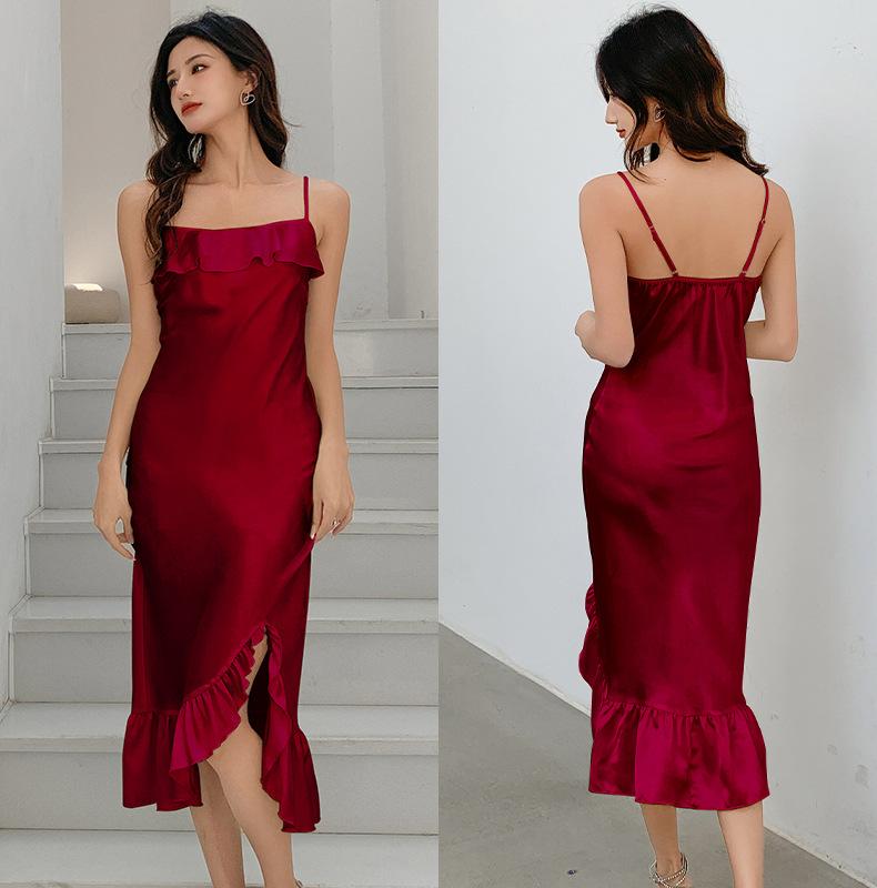 Yaoting solid color ice silk temperament suspender nightdress sexy ruffle bottom swing split pajamas loungewear CQ1111